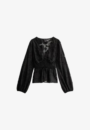 Zwarte blouse met lange mouwen en V-hals, met een getextureerd bloemenpatroon, stofbedekte knopen, een gathered taille en een peplum zoom.