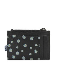 Tarjetero de cuero negro con patrón floral azul claro, compartimento con cremallera y ranuras para tarjetas. Superficie texturizada, diseño compacto.
