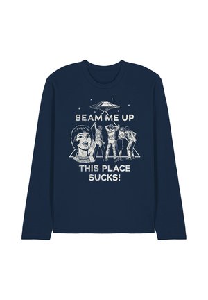 Navy long-sleeve t-shirt with a graphic print featuring a UFO, a character’s face, and text that reads "BEAM ME UP THIS PLACE SUCKS!" in white.