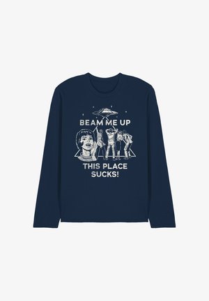Navy long-sleeve t-shirt with a graphic print featuring a UFO, a character’s face, and text that reads "BEAM ME UP THIS PLACE SUCKS!" in white.
