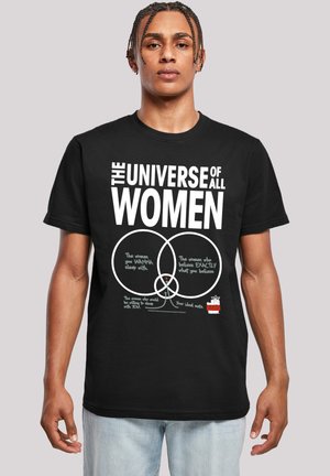 Black cotton t-shirt featuring bold white text and Venn diagram graphic, illustrating concepts related to relationships and beliefs.