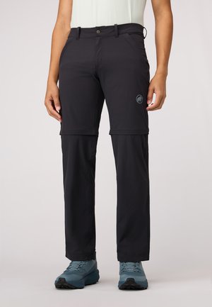 Black zip-off hiking pants with a slim fit, featuring pockets, stitched detailing, and a logo on the left thigh. Paired with blue hiking shoes.