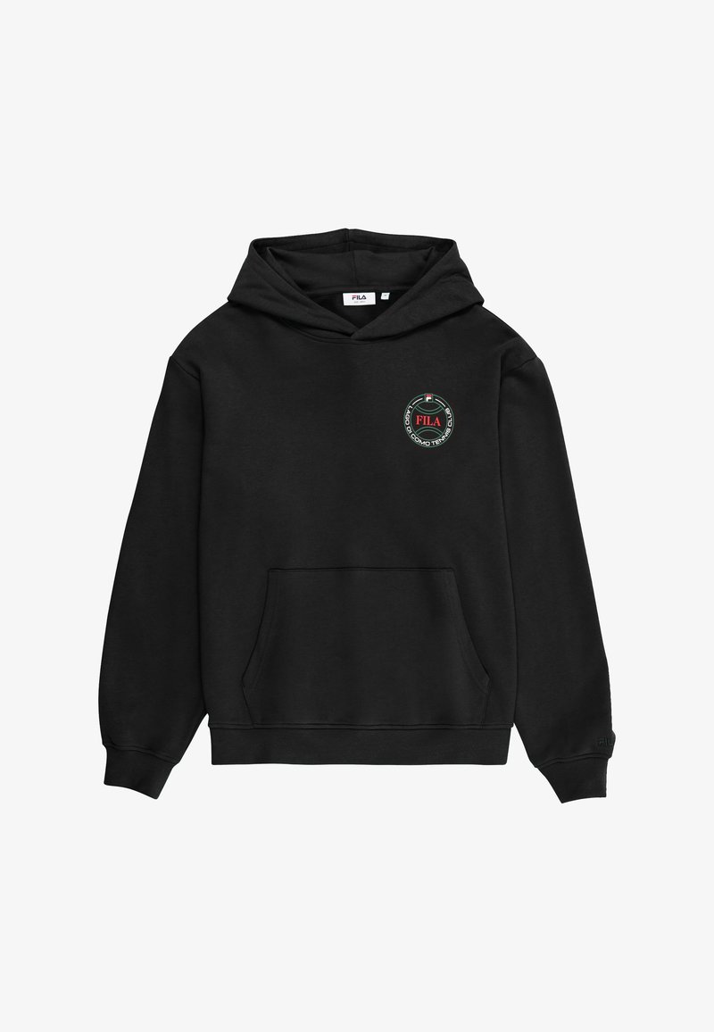 Czarna bluza z kapturem z przednią kieszenią, ściągaczami na rękawach i małym, okrągłym logo FILA na piersi. Wykonana z miękkiej tkaniny o klasycznym kroju.