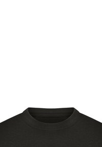 Schwarzes Baumwoll-T-Shirt mit Rundhalsausschnitt und kurzen Ärmeln, das eine glatte Textur und verstärkte Nähte am Halsbereich aufweist.