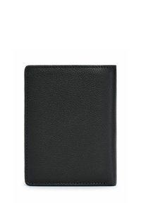 Czarny portfel o podwójnym złożeniu wykonany z teksturowanej skóry, charakteryzujący się minimalistycznym designem, przeszyty brzegami i gładkim wykończeniem.