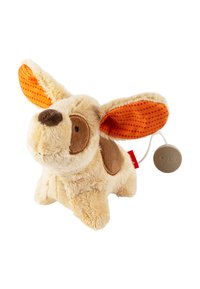 Plush dog toy with beige fur, brown spots, and vivid orange polka-dotted ears. Features a soft texture and a small attached tag.