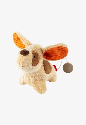 Plush dog toy with beige fur, brown spots, and vivid orange polka-dotted ears. Features a soft texture and a small attached tag.