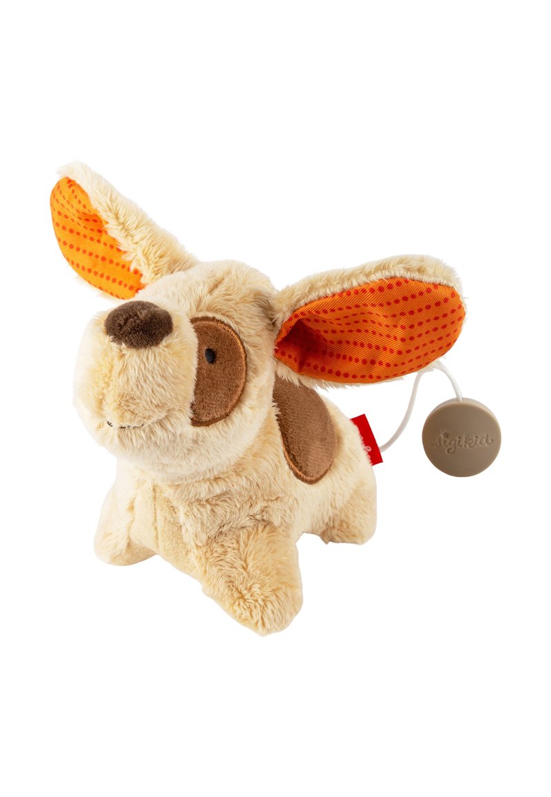 Plush dog toy with beige fur, brown spots, and vivid orange polka-dotted ears. Features a soft texture and a small attached tag.