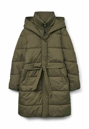 Olive green quilted puffer coat with high collar, hood, front zipper and snap buttons, side pockets, and a tied fabric belt at waist.