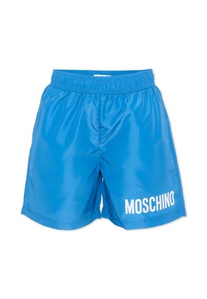 Pantaloncini da bagno blu con fascia elastica in vita e logo bianco "MOSCHINO" sulla parte inferiore della gamba sinistra.