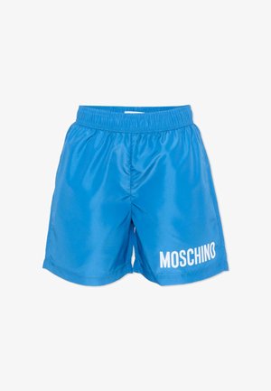 Niebieskie spodenki kąpielowe z elastycznym pasem i białym logo "MOSCHINO" na dolnej lewej nogawce.