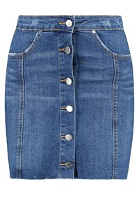 Jeanskjol i mörkblå med en figurnära silhuett, med fem knappar framtill, två fickor och subtila blekningsdetaljer.