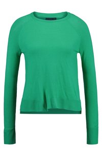 Maglione verde a maniche lunghe realizzato in tessuto a maglia. Presenta un collo a giro, polsini e orlo a costine, con una vestibilità rilassata e un motivo testurizzato.