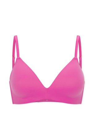 Soutien-gorge sans armatures rose, sans coutures, avec des bretelles fines réglables et des bonnets triangulaires, conçu pour le confort et un maintien léger.