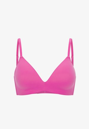 Rosa nahtloser BH ohne Bügel mit dünnen, verstellbaren Schulterriemen und dreieckigen Cups, entworfen für Komfort und leichte Unterstützung.