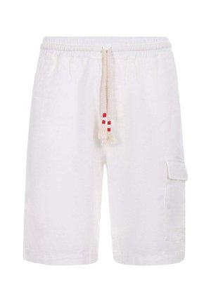 Pantaloncini bianchi al ginocchio con vita elastica, coulisse beige con dettagli rossi e tasca laterale cargo con patta.