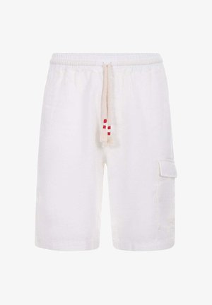 Witte knielange shorts met elastische tailleband, beige aantrekkoord met rode accenten en een zijzak met klep.