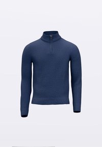 Pull en tricot bleu marine avec un col à fermeture éclair à mi-hauteur, des poignets et un ourlet côtelés. Présente un motif texturé et une coupe ajustée.