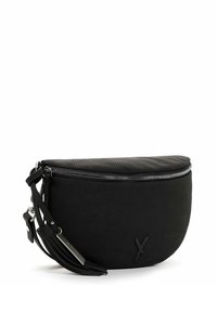 Borsa a tracolla sintetica nera forata con forma curva, zip in argento e dettaglio a frange. Presenta una tracolla regolabile per una maggiore versatilità.