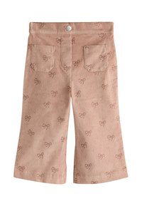 Pantaloni in corduroy di un rosa tenue con un motivo di fiocchi discreto, dotati di due tasche posteriori e una chiusura a scatto in vita.