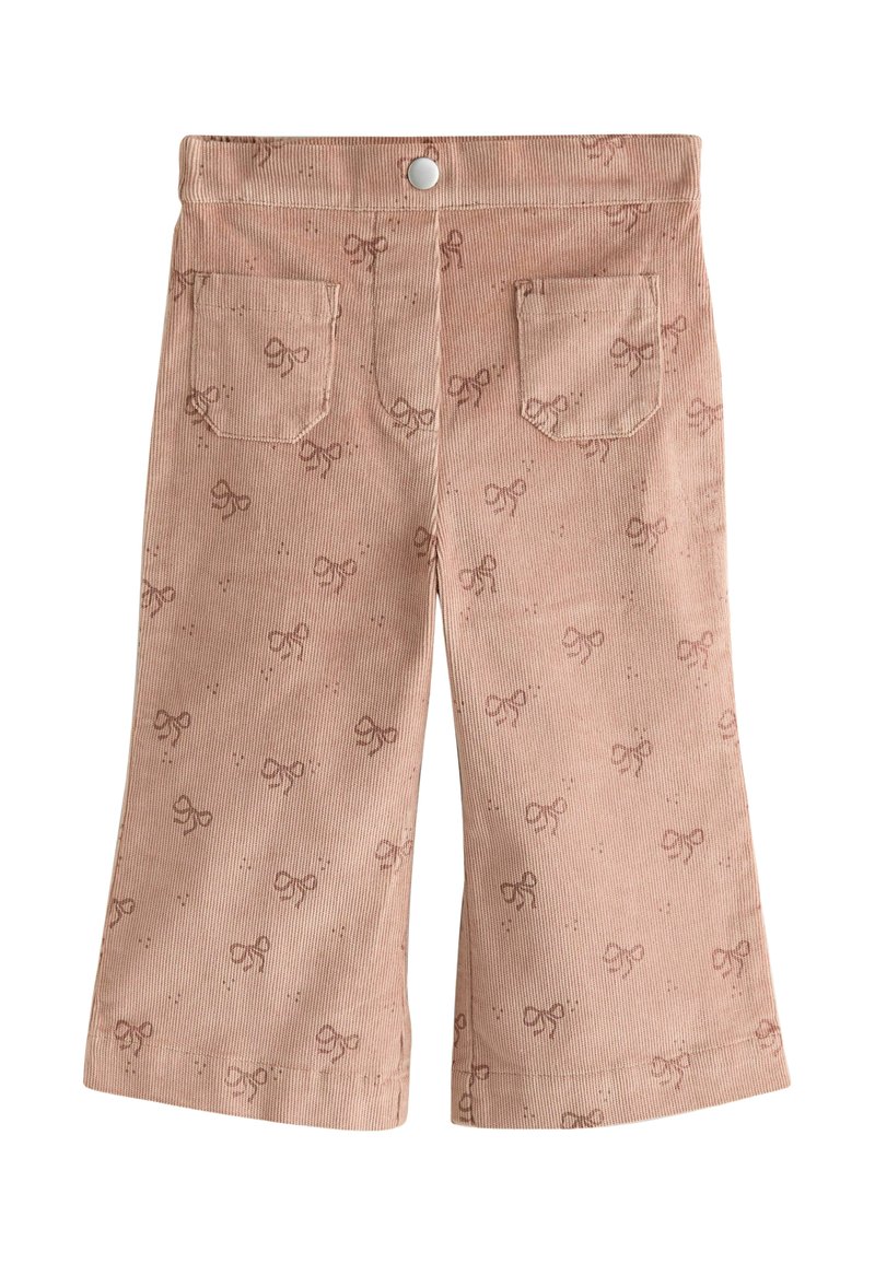 Pantaloni in corduroy di un rosa tenue con un motivo di fiocchi discreto, dotati di due tasche posteriori e una chiusura a scatto in vita.