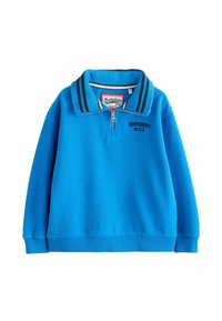 Modrá mikina s štvrťovým zipsom, pruhovaným golierom a rebrovanými manžetami. Na prednej strane je vyšitý nápis "SUPERDRY N.Y.C." v čiernej farbe.
