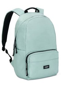 Světlomodrý batoh s hladkou texturou látky, zaobleným tvarem, dvěma přihrádkami na zip, polstrovanými ramenními popruhy a horní rukojetí.