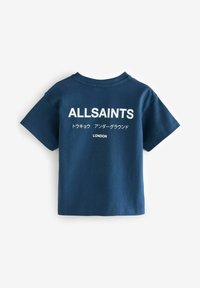 Granatowy bawełniany T-shirt z krótkimi rękawami, z białym napisem na plecach: "ALLSAINTS", "LONDON" oraz japońskimi znakami.