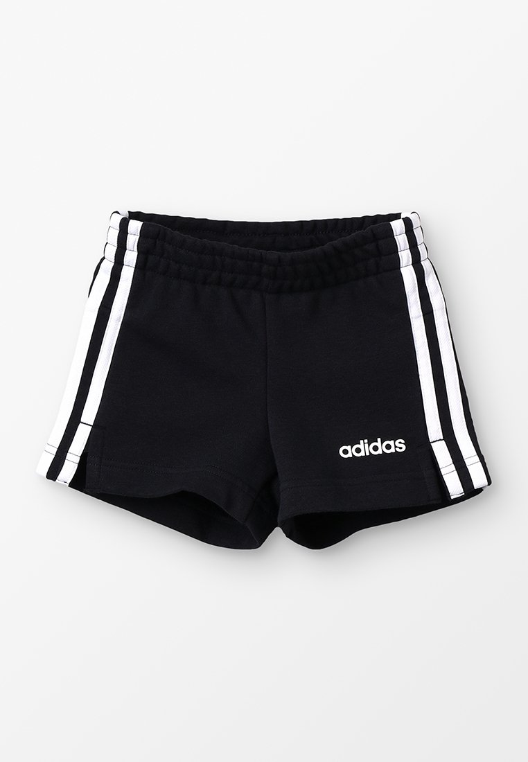 Pantalones cortos deportivos negros de algodón, con una cinturilla acanalada, rayas laterales blancas y un logotipo bordado en blanco de Adidas en la parte delantera.