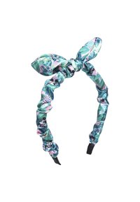 Stoffhaarband in Teal und Schwarz mit einem floralen Muster, das tropische Blätter und cartoonhafte Akzente zeigt. Weiches, texturiertes Design mit einer Schleife.