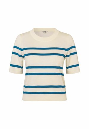 Adītas īsām piedurknēm augšdaļa krēmīgi baltā krāsā ar izteiksmīgām zilām horizontālām svītrām, ar apaļu izgriezumu un brīvu siluetu.