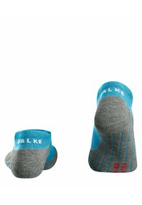 Knöchellange Socken in Grau mit türkisfarbenen Akzenten, ausgestattet mit einem gerippten Bund, Logoschriftzug und verstärktem Absatz mit blauen Streifendetails.