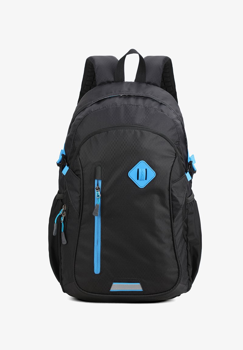 Zaino nero con accenti blu, multiple tasche con zip, logo a forma di diamante, schienale e spallacci imbottiti, tessuto texturizzato.