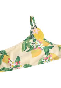 Žltý bikiny top s potlačou zelených listov a ružových kvetov, s dekoratívnym detailom v tvare citrónu z flitrov na ramienku.