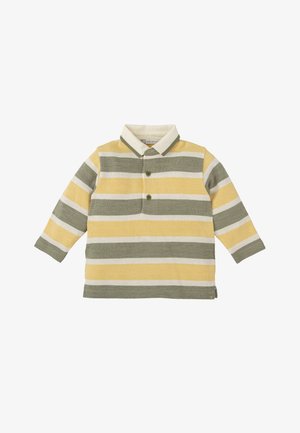 Camisa de manga larga a rayas en colores amarillo, verde y blanco. Cuello abotonado, dobladillo redondeado y dos botones en la parte delantera para el cierre.