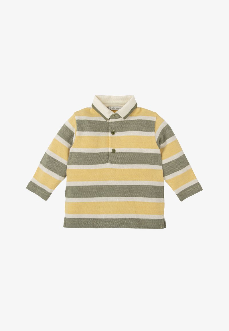 Chemise à manches longues rayée présentant des couleurs jaune, vert et blanc. Col boutonné, ourlet rond et deux boutons à l'avant pour la fermeture.