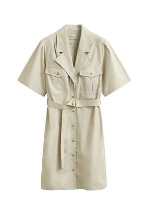 Beige short-sleeve belted shirt dress with lapel collar, front buttons, two chest flap pockets, and a fabric belt with metal ring buckle.