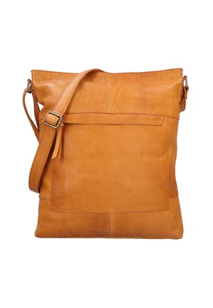 Tan krāsas ādas plecu soma ar gludu tekstūru, kas piedāvā priekšējo kabatu, regulējamu siksnu un minimālistisku dizainu.