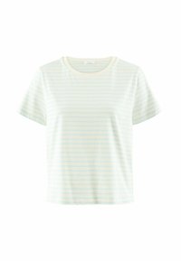 Stribet t-shirt i blød creme med lyseblå vandrette striber. Blødt stof, rund halsudskæring og korte ærmer med en afslappet pasform.