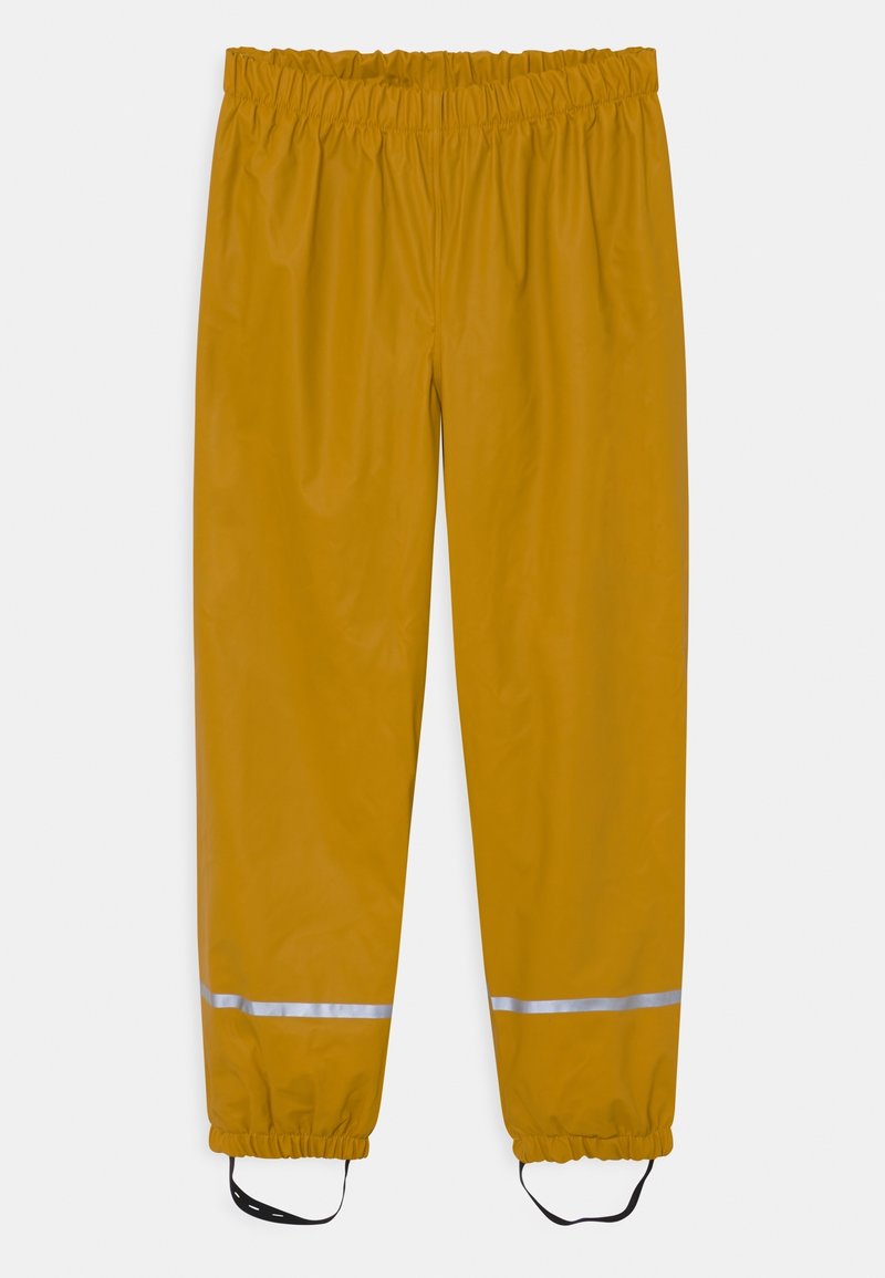 Yellow waterproof pants with an elastic waistband, reflective stripes near the cuffs, and adjustable ankle straps for secure fit.