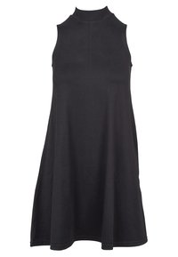 Robe noire sans manches avec un col montant et une silhouette évasée en ligne A.
