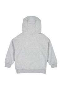 Jasnoszara bluza z kapturem widoczna od tyłu, z długimi rękawami oraz ribbowymi ściągaczami przy rękawach i u dołu.