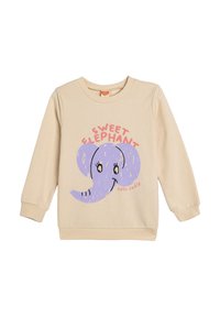 Beige sweatshirt met een paarse olifantafbeelding, voorzien van de tekst "Sweet Elephant" en "hello cutie" in roze. Ribgebreide manchetten en halslijn.