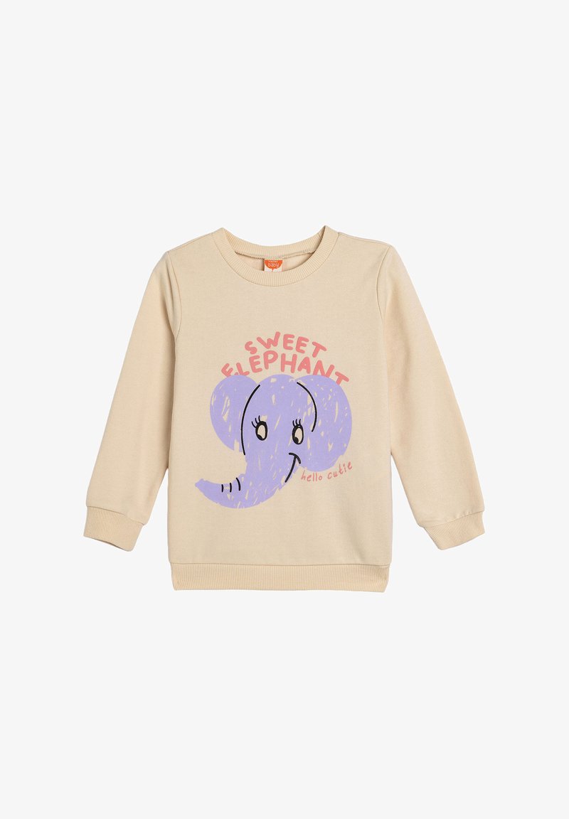 Beige sweatshirt med en lila elefantgrafik och texten "Sweet Elephant" samt "hello cutie" i rosa. Ribbad mudd och halsringning.