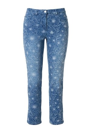 Blaue Denim-Jeans mit durchgehend weißem Blumenmuster, Knopf- und Reißverschluss, Taschen vorne und hinten, gerade Gesäß- und Beinform.