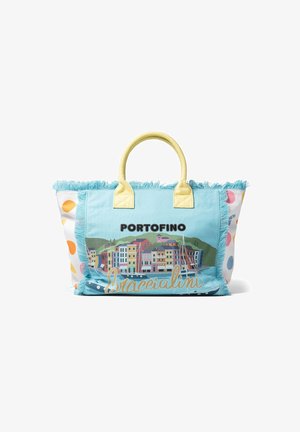 Borsa a spalla in tessuto blu con manici gialli e bordo frangiato. Presenta un vivace scene costiera stampata e pois su un lato.