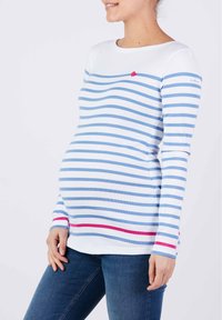 Langärmliges Maternity-Oberteil in Weiß und hellblauen Streifen, mit einem kleinen roten Herzdetail auf der Brust und einem rosa Akzent am Saum.