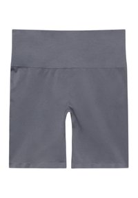 Shorts de vélo gris en tissu extensible, avec une taille haute, une texture lisse et sans motifs ni ornements visibles.
