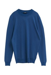 Blå tröja med rund halsringning, långa ärmar och ribbad mudd och nederkant. Tillverkad av mjukt, lätt tyg med jämn textur.