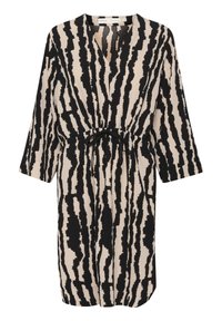 Robe à manches courtes en beige avec un motif audacieux de coups de pinceau noirs. Présente une ceinture à nouer à la taille et un décolleté en V. Tissu léger.